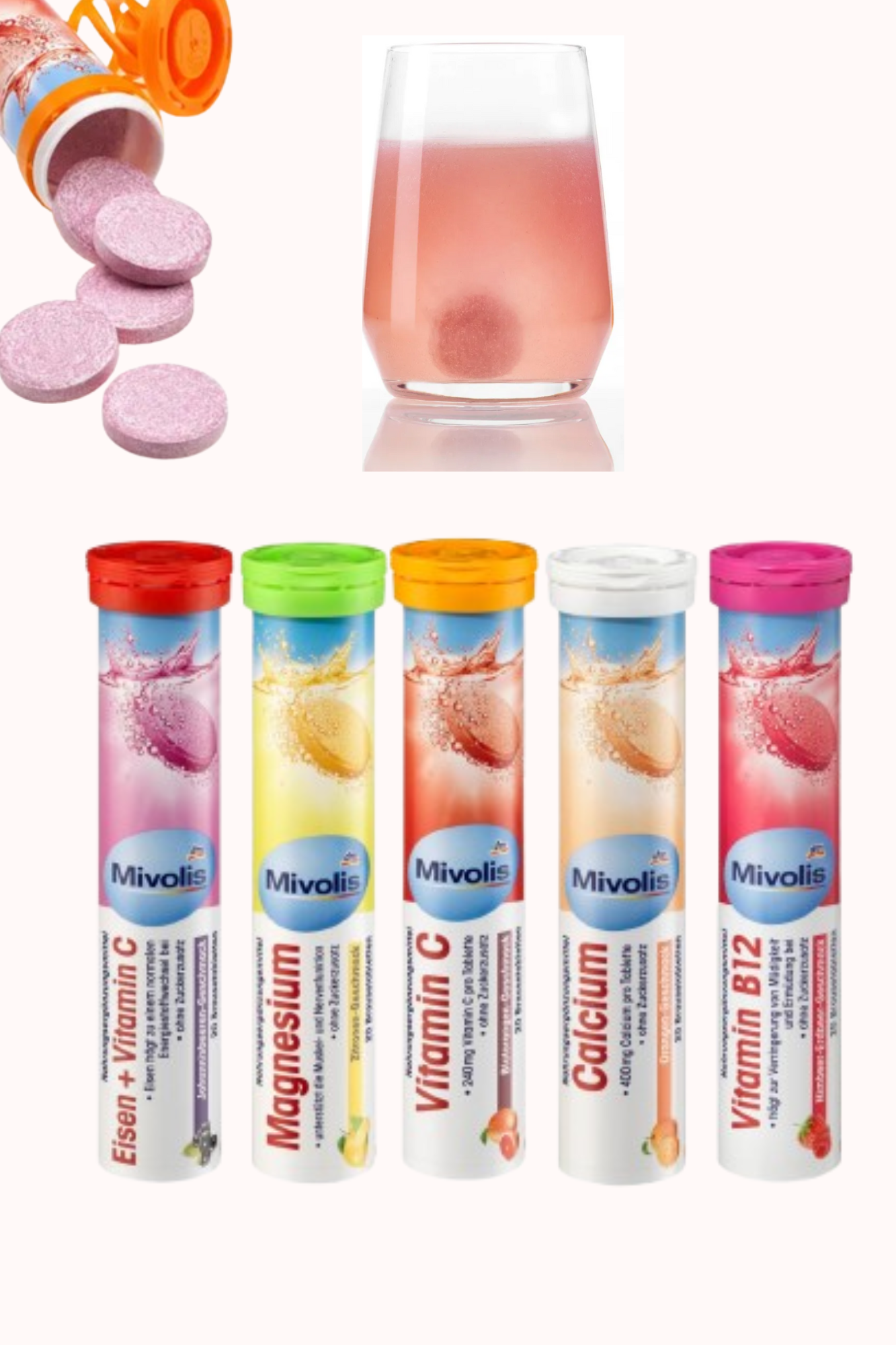 Mivolis Vitamin C, B12, Calium, Magnesium, Eisen effervescent tablets, 82 g