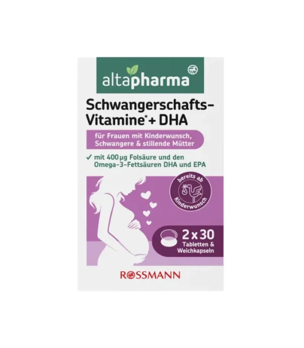 مکمل دوران بارداری آلتافارما Altapharma Schwangerschafts-Vitamine + DHA حاوی اسید فولیک، آهن و امگا ۳، بسته ۳۰ قرص و ۳۰ سافت‌ژل