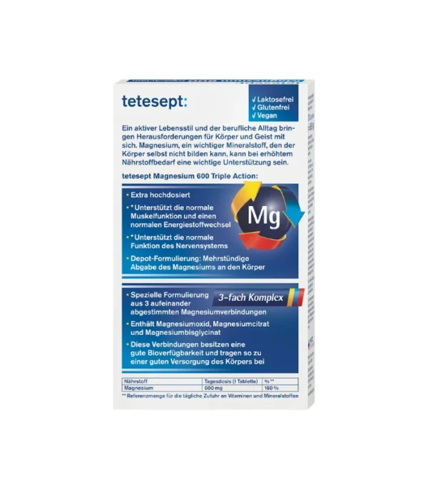 قرص منیزیم ۶۰۰ تتسپت Magnesium 600 Triple Action، بسته ۳۰ عددی