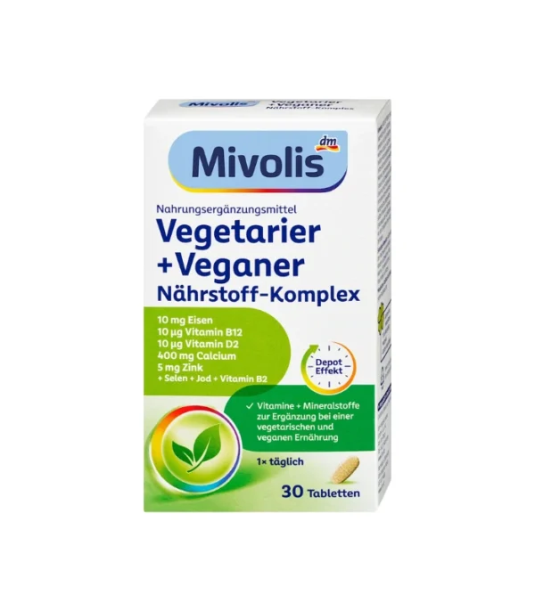 قرص مکمل وگان Mivolis حاوی ویتامین B12، آهن، کلسیم و ویتامین D – بسته ی ۳۰ عددی